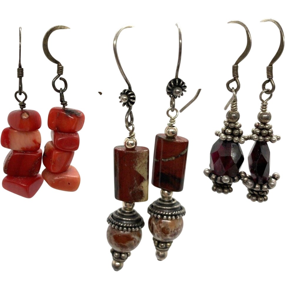 Vintage Lot 3 Pairs Red Stone Beaded Dangle‎ Earrings Sterling 925 Silver 16.3g